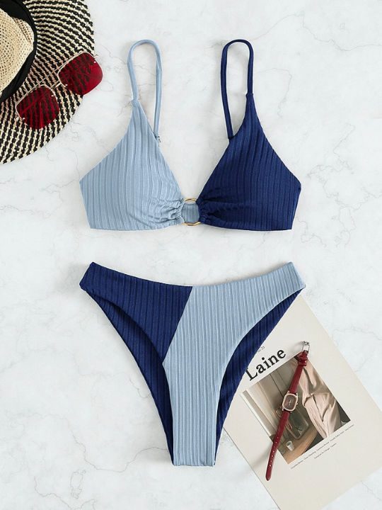 Swim Vcay Colorblock Textured Ring Linked Bikini Swimsuit