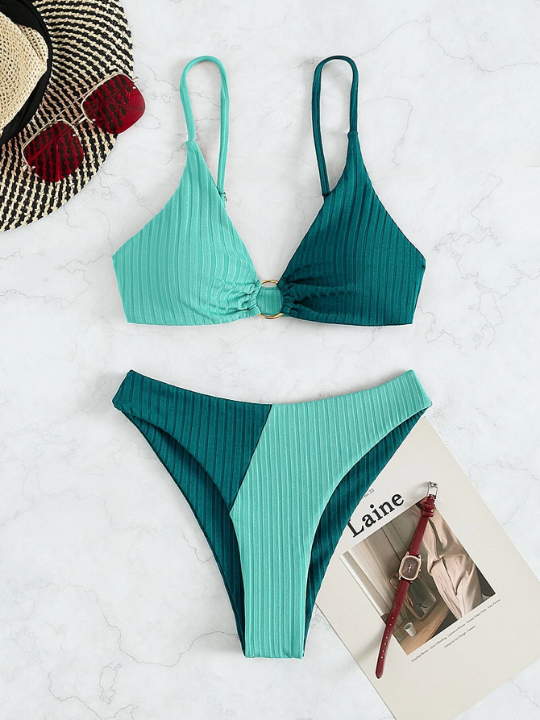 Swim Vcay Colorblock Textured Ring Linked Bikini Swimsuit