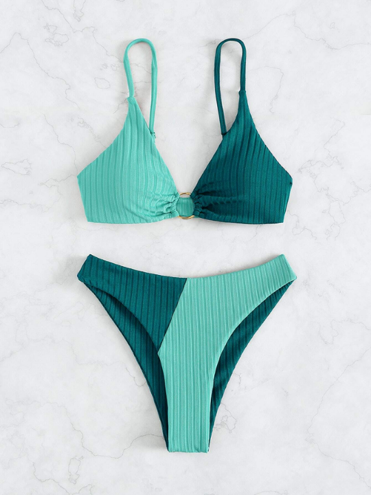 Swim Vcay Colorblock Textured Ring Linked Bikini Swimsuit