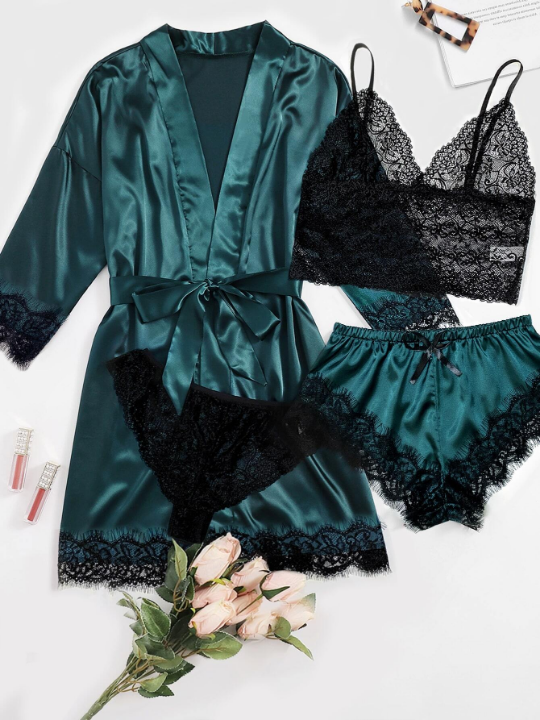 Classic Sexy 4pack Floral Lace Lingerie Set With Satin Belted Robe