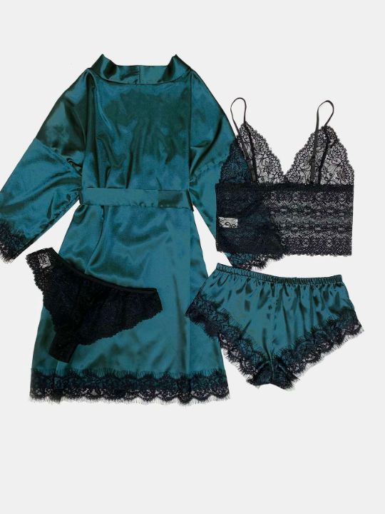 Classic Sexy 4pack Floral Lace Lingerie Set With Satin Belted Robe