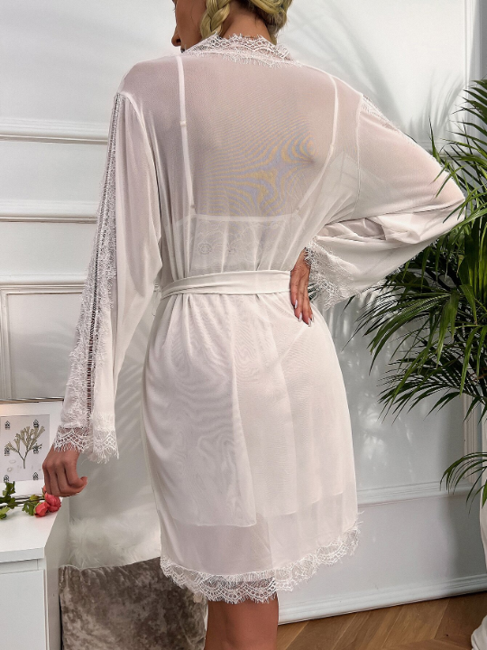 Contrast Lace Scallop Trim Slips With Robe & Belted