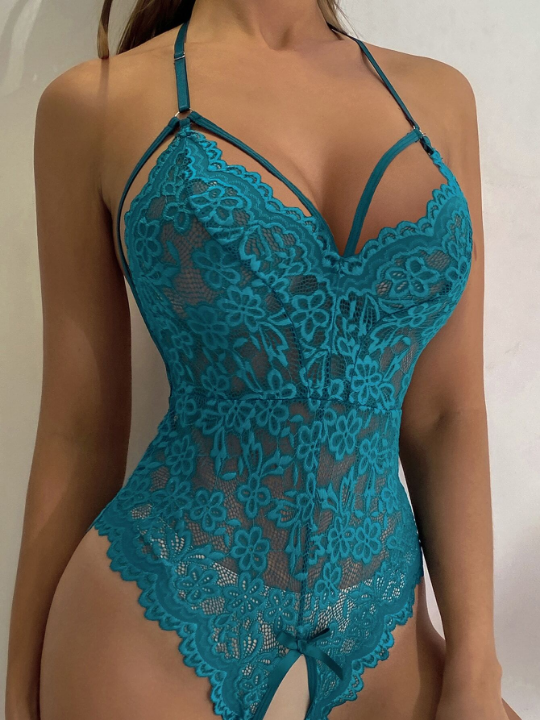 Floral Lace Scalloped Crotchless Teddy Bodysuit