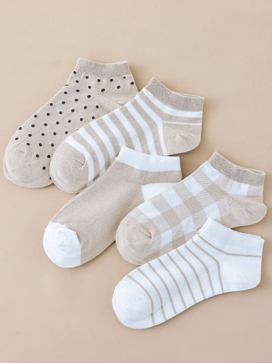 5pairs Polka Dot & Striped Print Ankle Socks