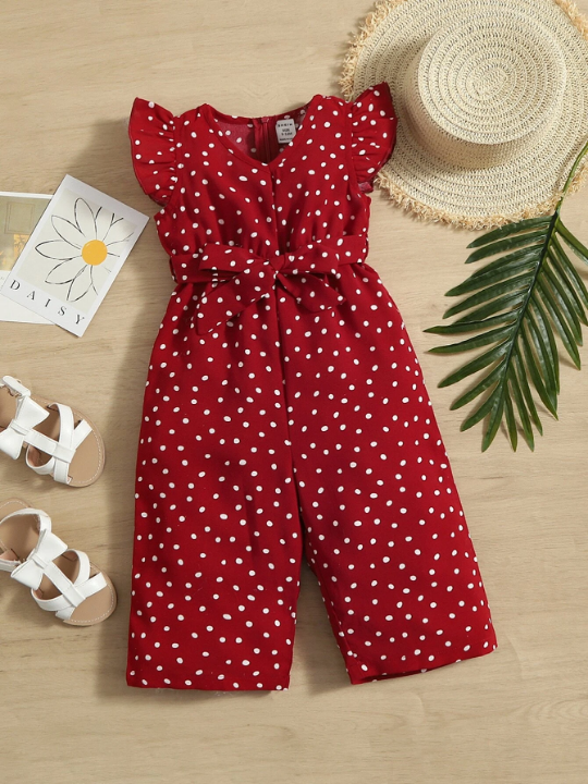 Baby Girl Polka Dot Ruffle Sleeve Belted Jumpsuit