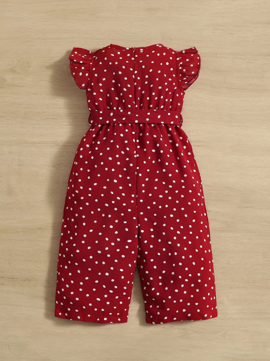 Baby Girl Polka Dot Ruffle Sleeve Belted Jumpsuit