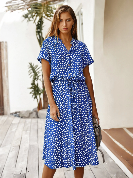 VCAY Dalmatian Print Drawstring Waist Button Front Dress