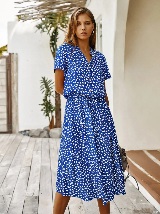 VCAY Dalmatian Print Drawstring Waist Button Front Dress