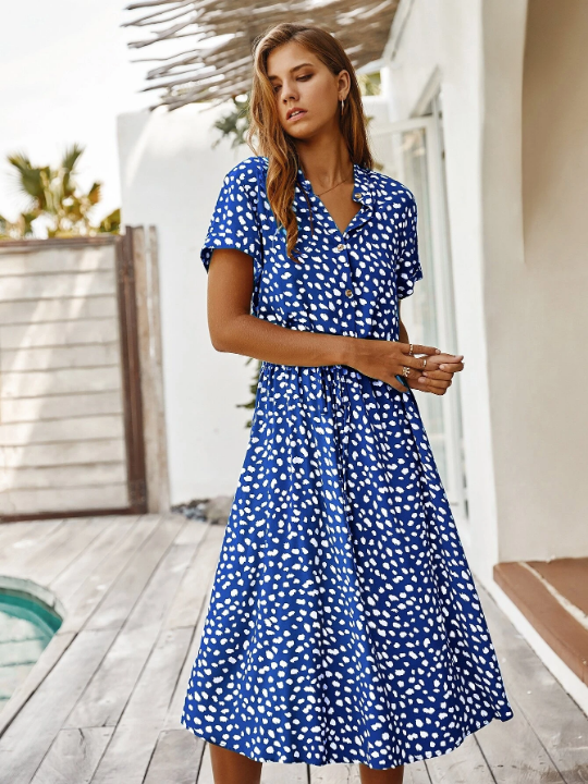 VCAY Dalmatian Print Drawstring Waist Button Front Dress