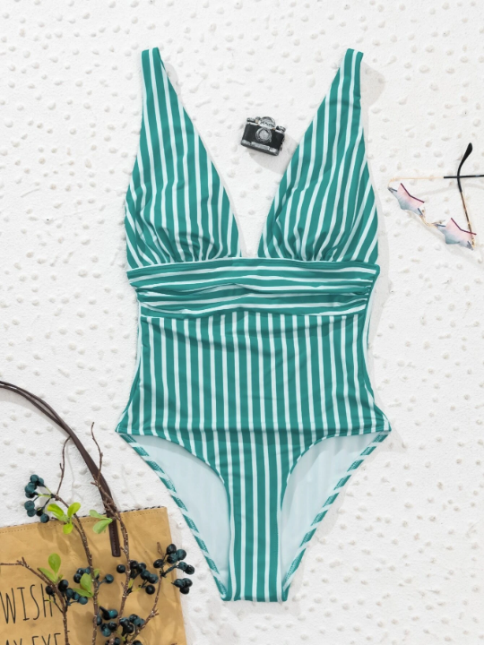 Swim Vcay Striped Plunging Neck One Piece Swimsuit