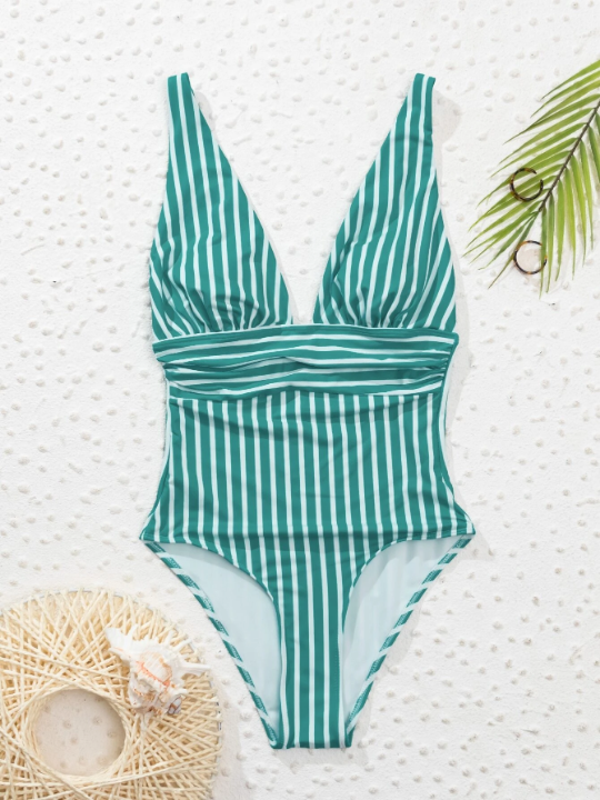 Swim Vcay Striped Plunging Neck One Piece Swimsuit