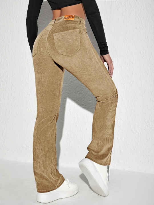 Letter Patched Flare Leg Corduroy Pants