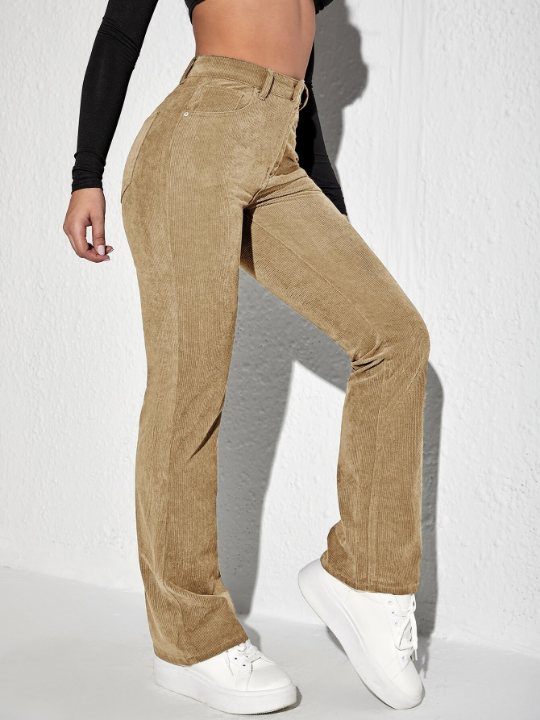 Letter Patched Flare Leg Corduroy Pants