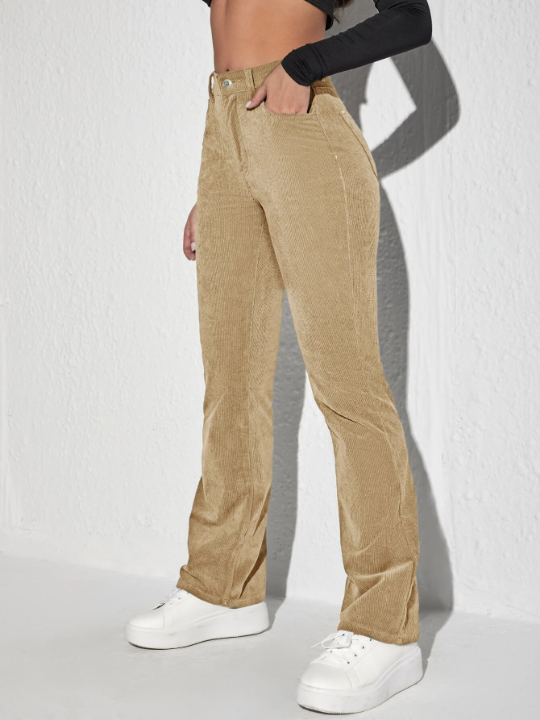 Letter Patched Flare Leg Corduroy Pants