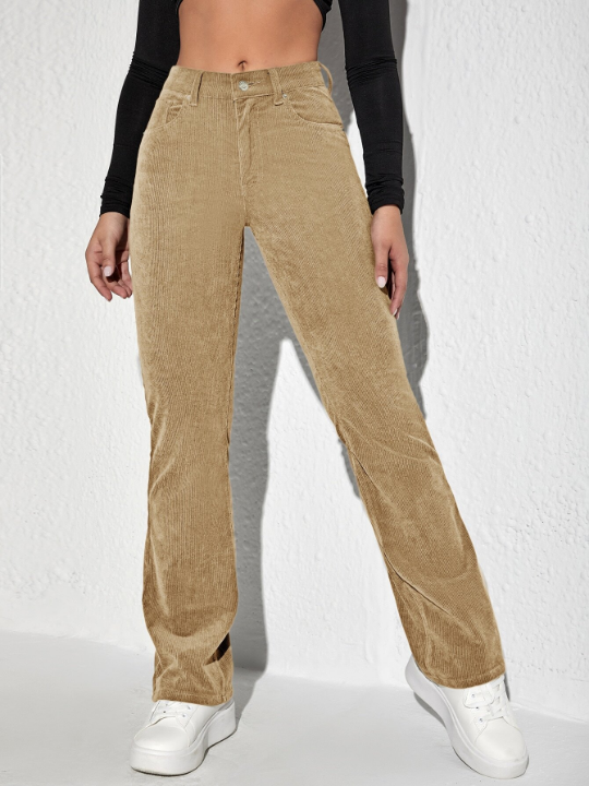 Letter Patched Flare Leg Corduroy Pants