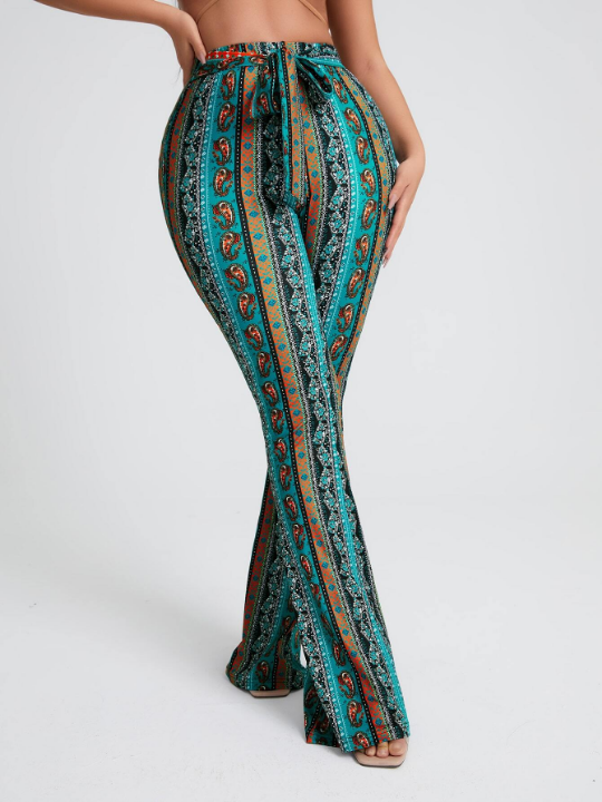 SXY Floral & Paisley Print Knot Front Flare Leg Pants