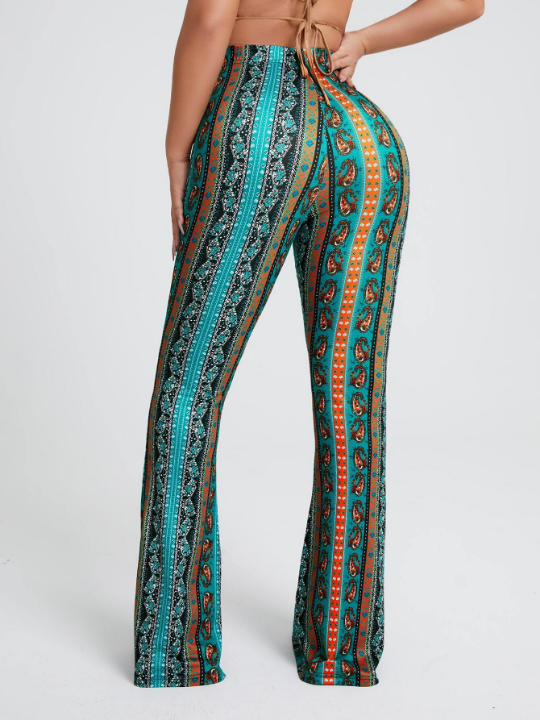 SXY Floral & Paisley Print Knot Front Flare Leg Pants