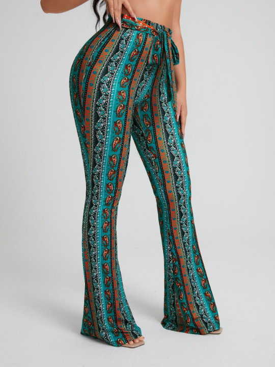 SXY Floral & Paisley Print Knot Front Flare Leg Pants