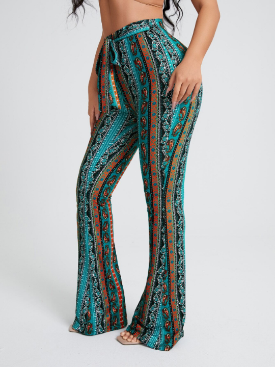 SXY Floral & Paisley Print Knot Front Flare Leg Pants