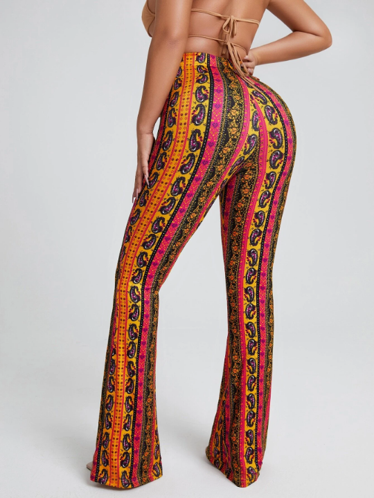 SXY Floral & Paisley Print Knot Front Wide Leg Pants