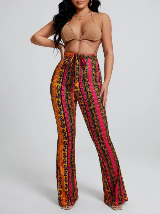 SXY Floral & Paisley Print Knot Front Wide Leg Pants