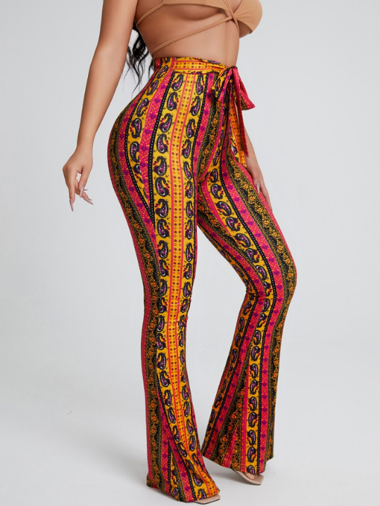 SXY Floral & Paisley Print Knot Front Wide Leg Pants