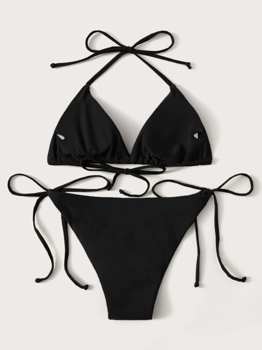 Swim Basics Mono Bikini Set Halter Triangle Bra Top & Tie Side Bikini Bottom 2 Piece Bathing Suit