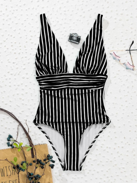 Swim Vcay Striped Ruched One Piece Swimsuit