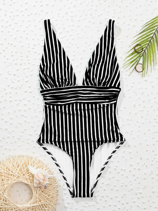 Swim Vcay Striped Ruched One Piece Swimsuit