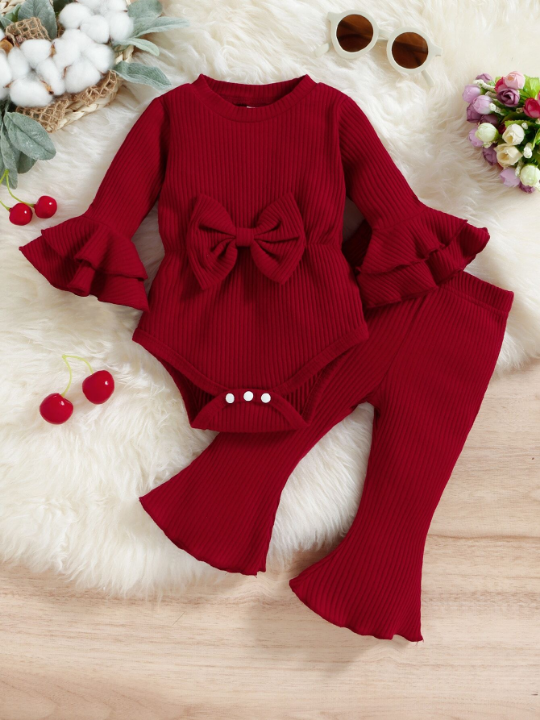 Baby Girl Flounce Sleeve Bow Front Bodysuit & Flare Leg Pants