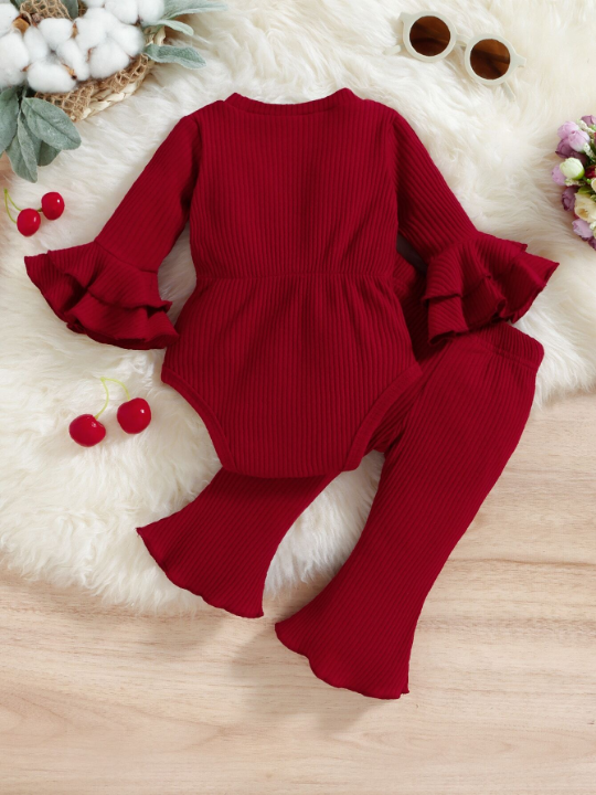 Baby Girl Flounce Sleeve Bow Front Bodysuit & Flare Leg Pants