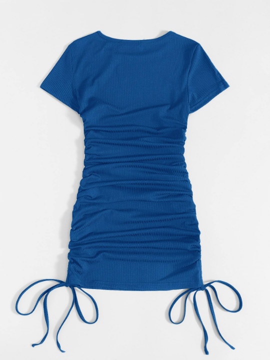 Solid Side Drawstring Ruched Bodycon Dress