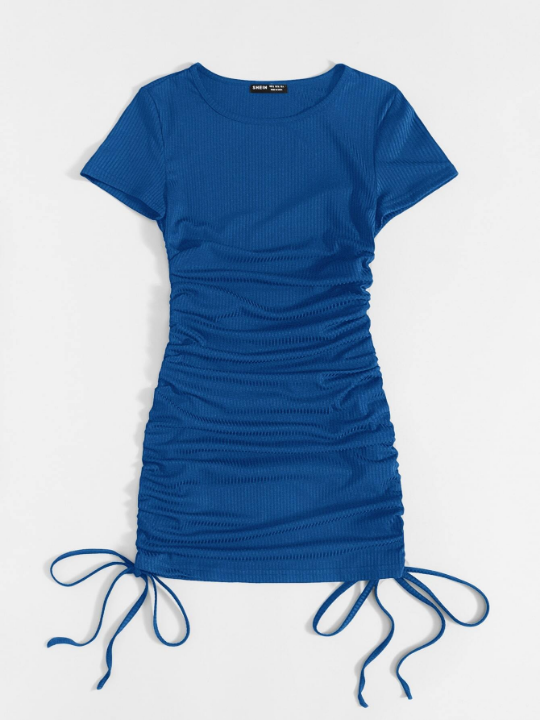 Solid Side Drawstring Ruched Bodycon Dress