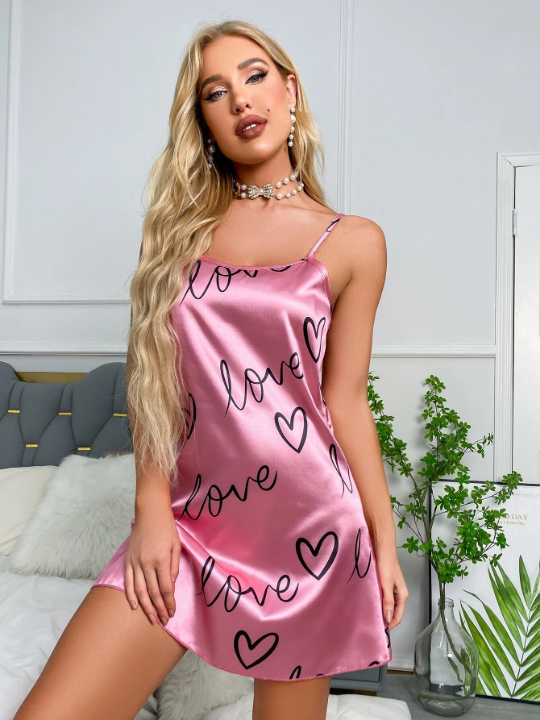 Heart & Letter Graphic Satin Nightdress