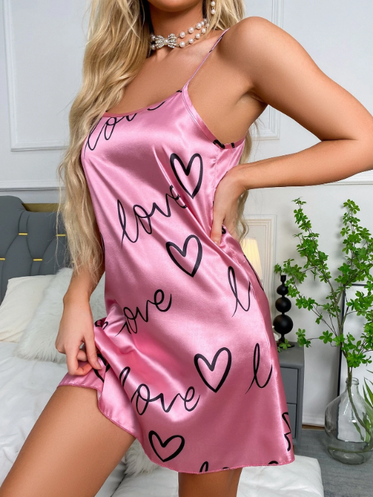 Heart & Letter Graphic Satin Nightdress