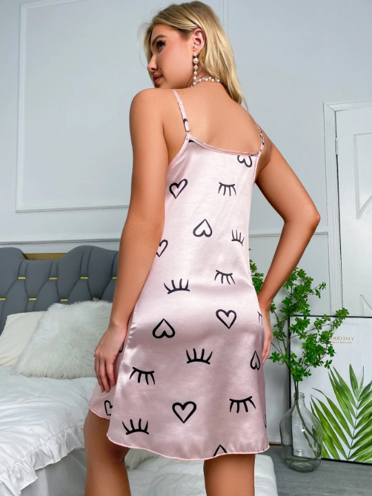 Eyelash & Heart Print Satin Nightdress