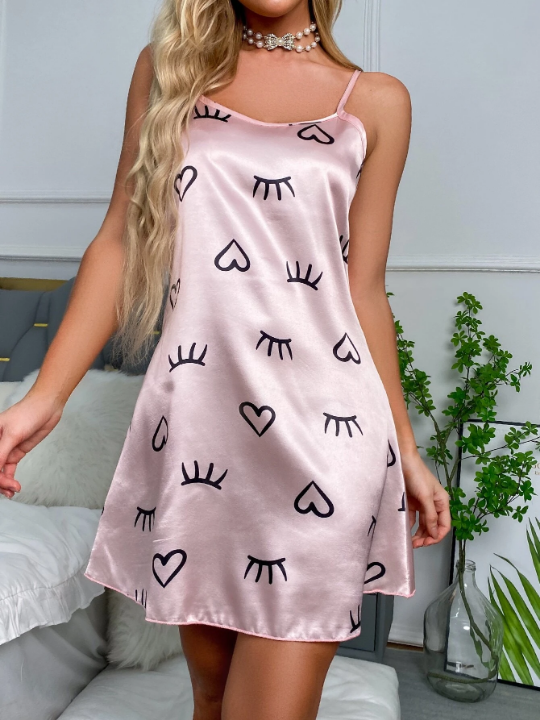 Eyelash & Heart Print Satin Nightdress