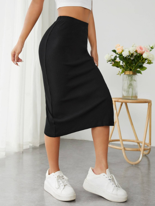 PETITE Ribbed Knit Split Thigh Skirt