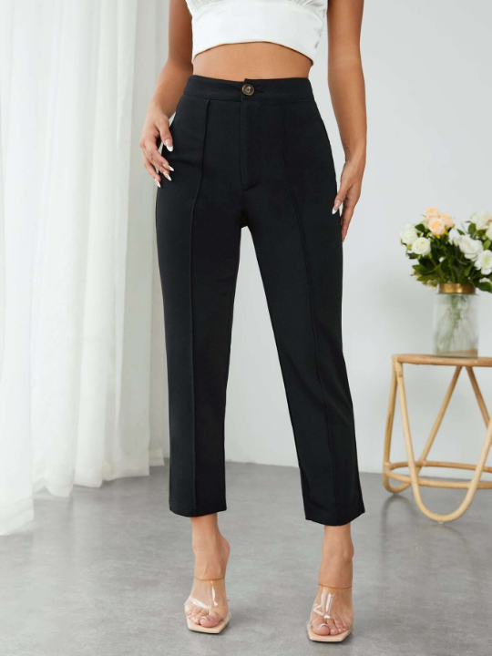 PETITE High Waist Press Crease Tapered Black Summer Pants