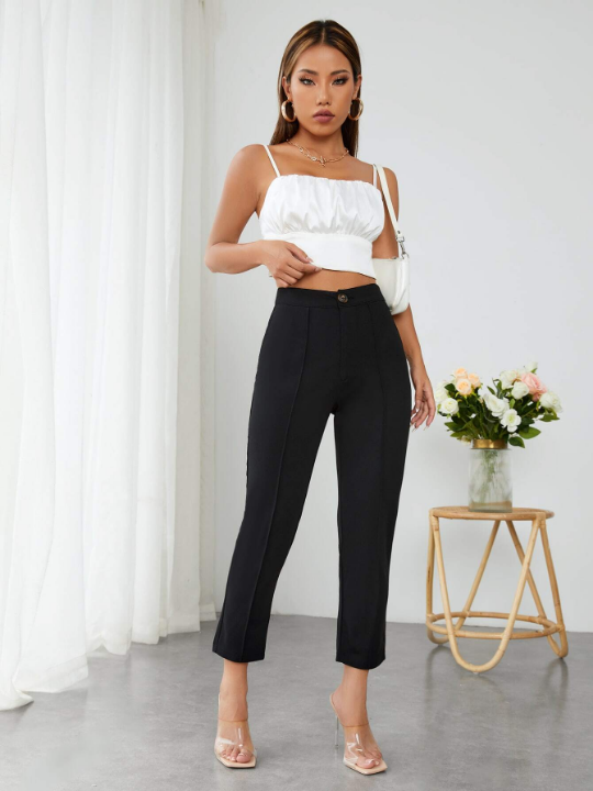 PETITE High Waist Press Crease Tapered Black Summer Pants