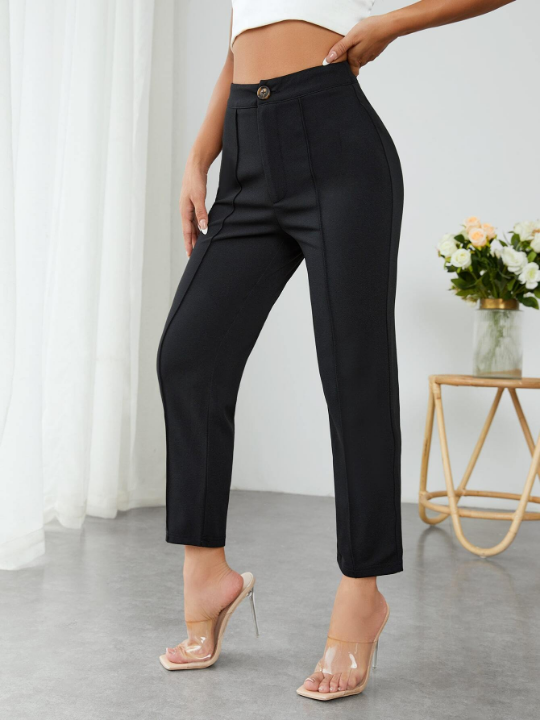 PETITE High Waist Press Crease Tapered Black Summer Pants