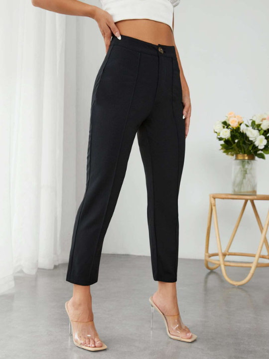 PETITE High Waist Press Crease Tapered Black Summer Pants