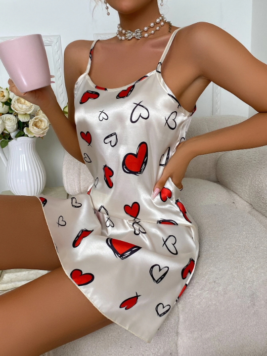 Heart Print Satin Cami Night Dress