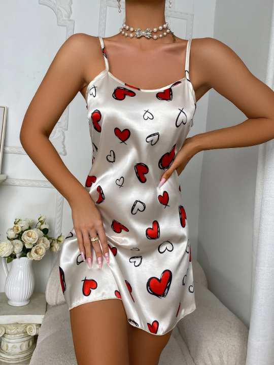 Heart Print Satin Cami Night Dress