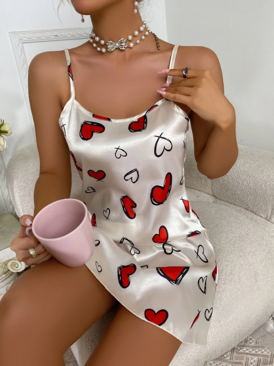 Heart Print Satin Cami Night Dress