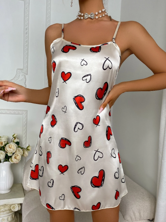 Heart Print Satin Cami Night Dress