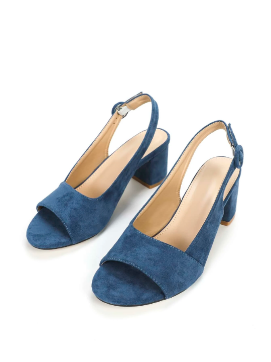 Suedette Buckle Decor Chunky Heeled Slingback Sandals, Stylish Buckle Design Open Back Solid Color Heels In Navy Blue