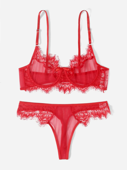 Contrast Lace Underwire Lingerie Set