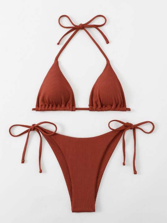 Swim Basics Rib Halter Triangle Tie Side Bikini Swimsuit