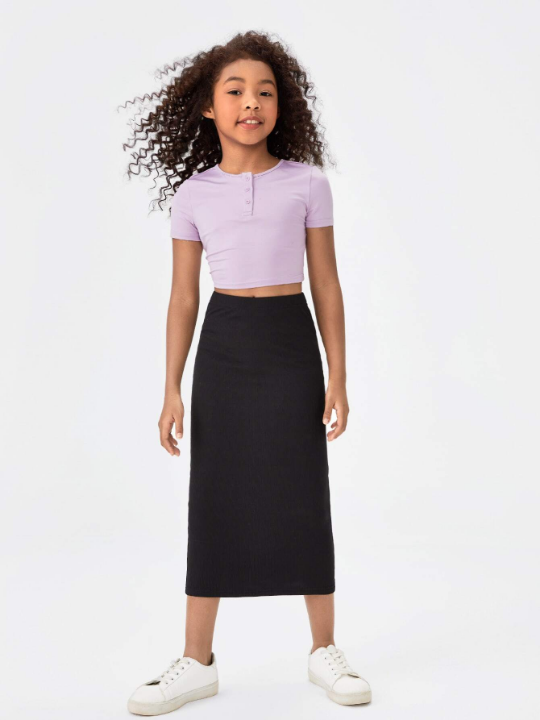 Tween Girl Slim Fit Elegant Ribbed Knit Skirt